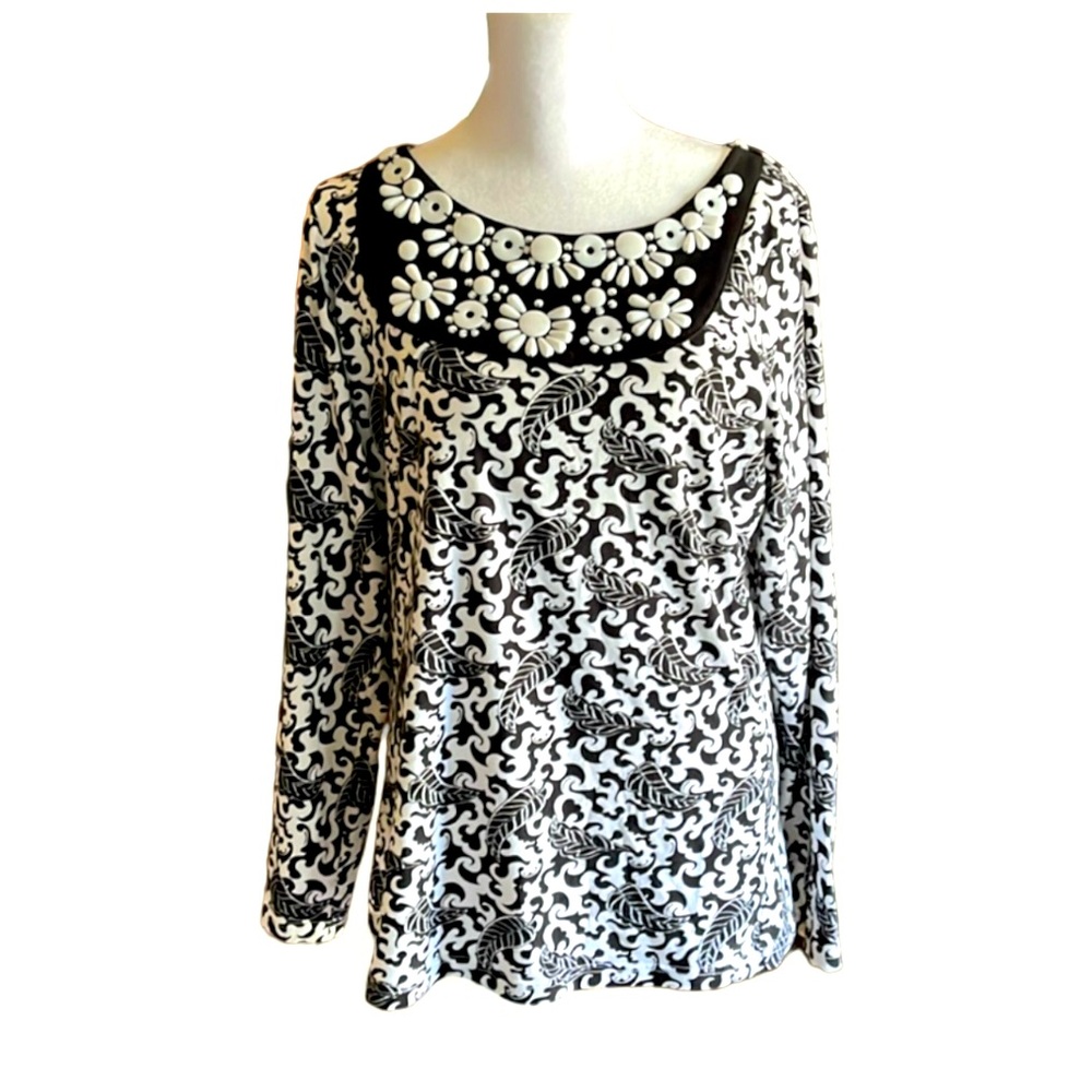 DG by Diane Gilman Black White Beaded Embellished Paisley Print Top Size M